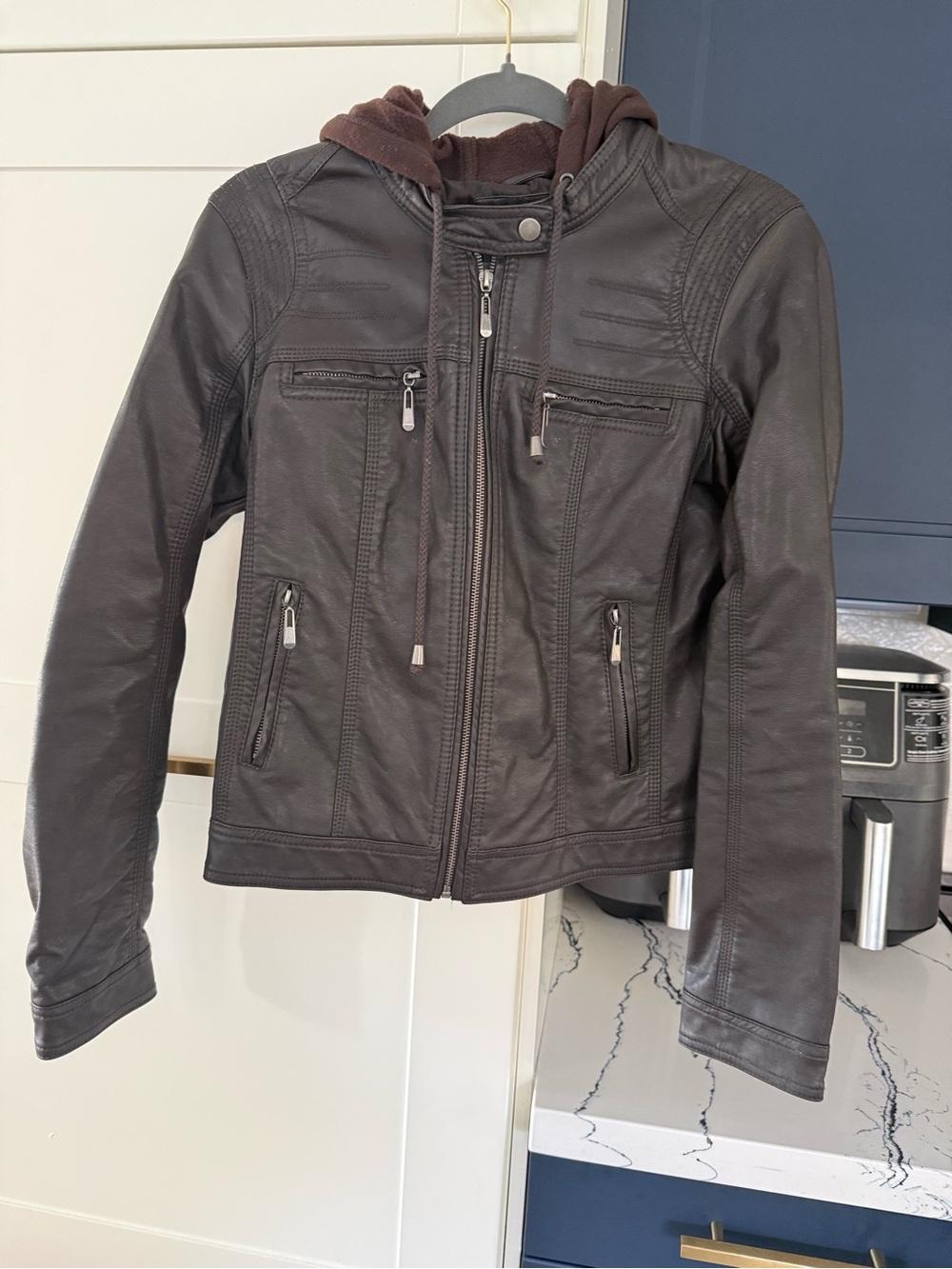 Woman’s Black Faux Leather Hooded Jacket